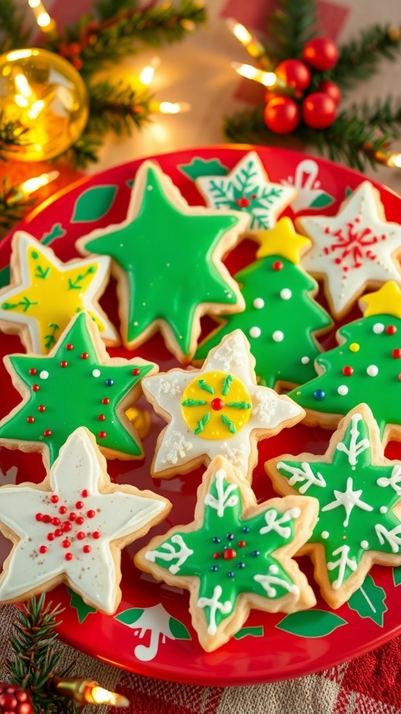 Decorated Christmas sugar cookies in festive shapes on a holiday plate with lights and pine branches.